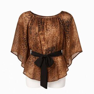 Lilly Lou Animal-Print Sheer Belted Boho Top • Size S • Effortless Chic Safari